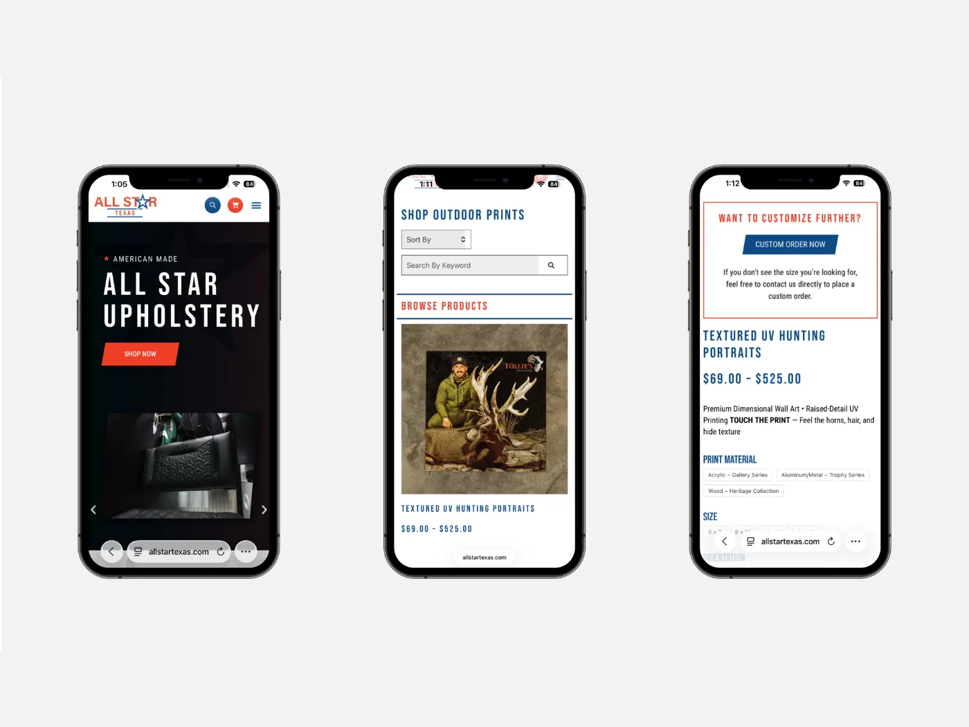 Three All Star Texas mobile site mockups showing the Upholstery hero, the printing ecommerce browse view, and a product detail page