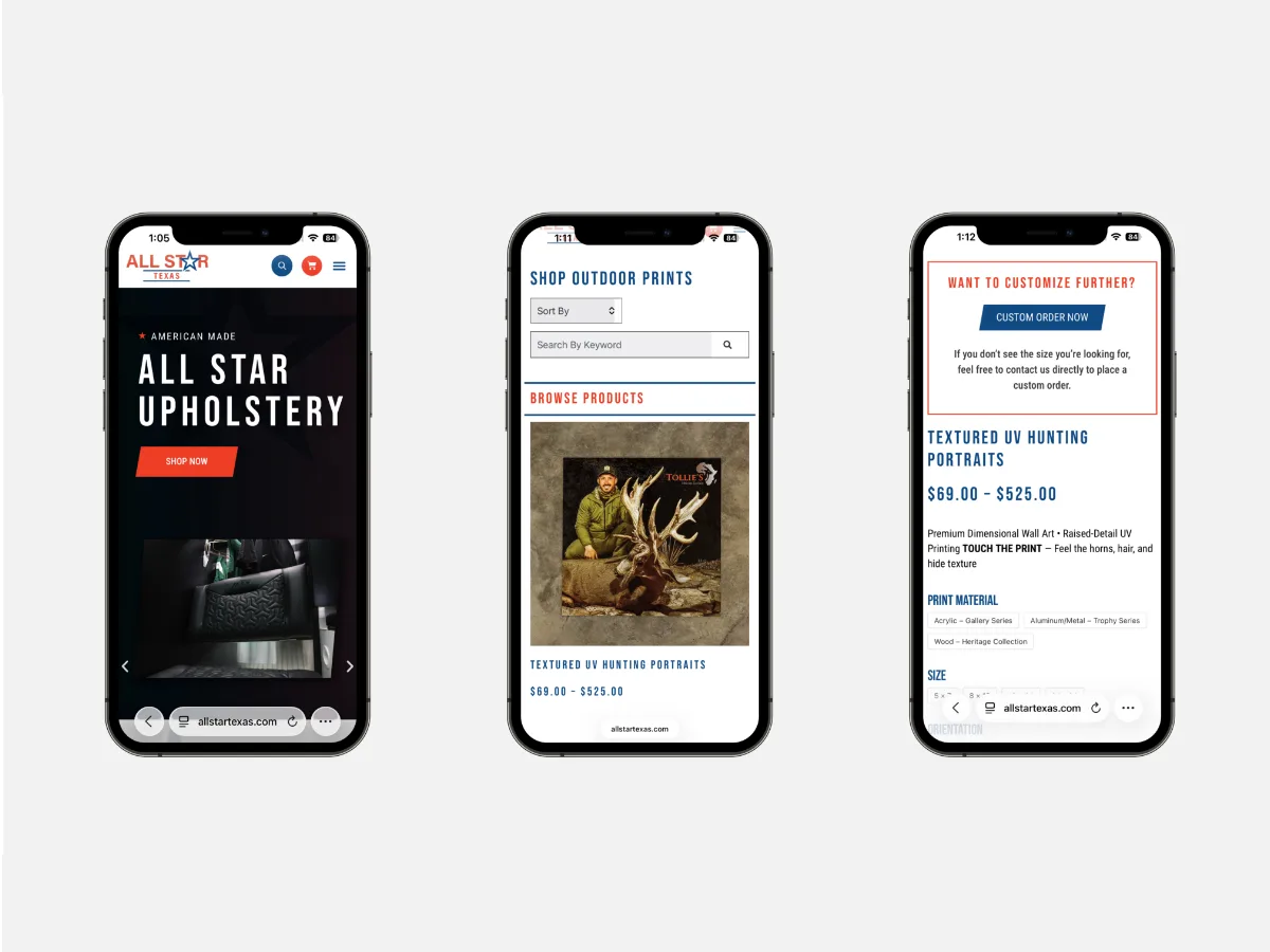 Three iPhone mockups of the All Star Texas mobile site: the Upholstery hero, the Shop Outdoor Prints browse view, and the Textured UV Hunting Portraits product detail