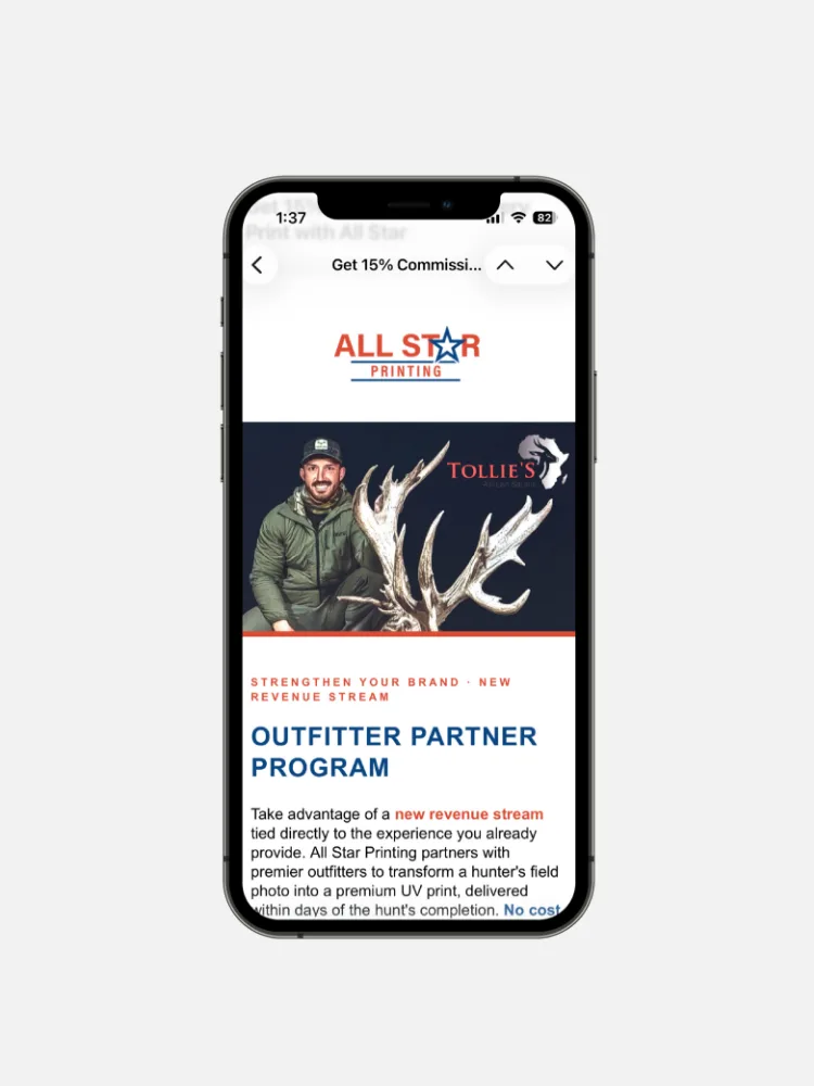All Star Printing email on a mobile device promoting the Outfitter Partner Program with a 15% commission offer and partner photography