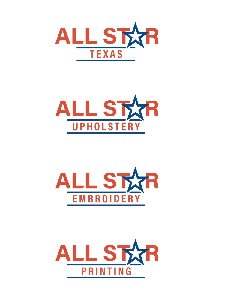 Refreshed All Star Texas brand system: the parent All Star Texas logo with three service line logos for Upholstery, Embroidery, and Printing, all using the same star and underline treatment