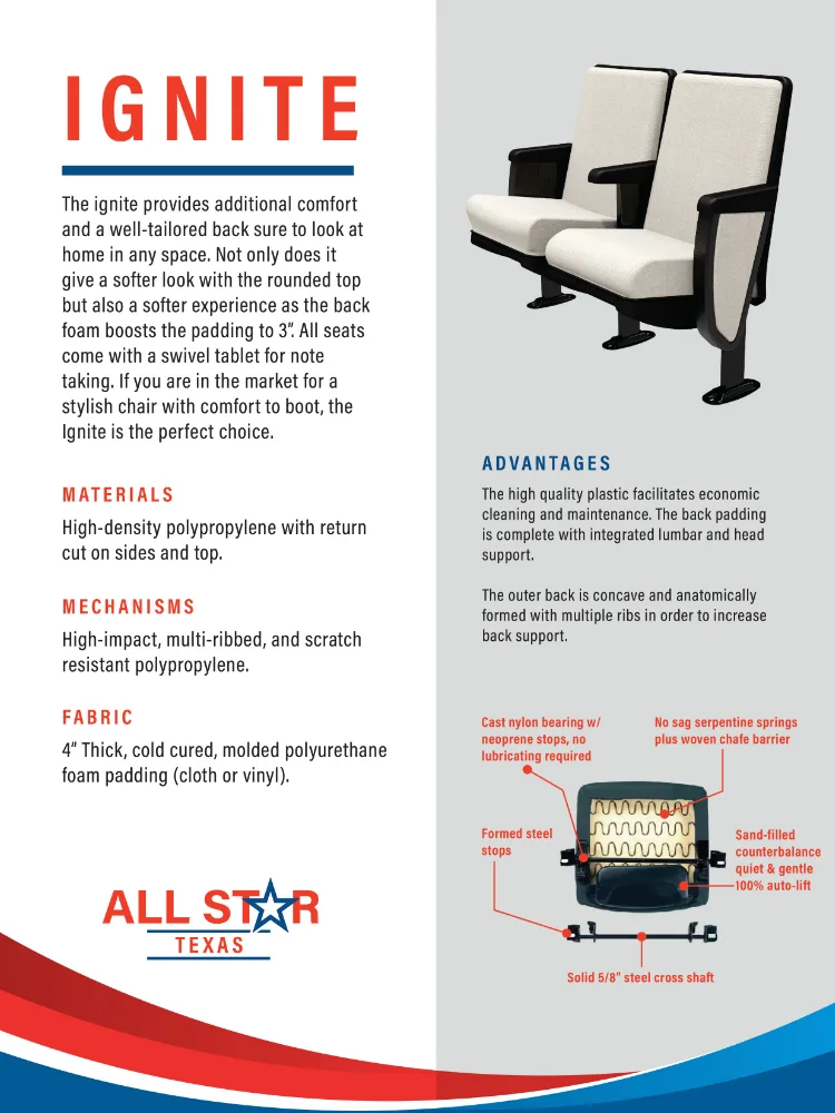 IGNITE chair product spec sheet from All Star Texas with product photography, material specs, mechanism details, fabric info, and a mechanism diagram