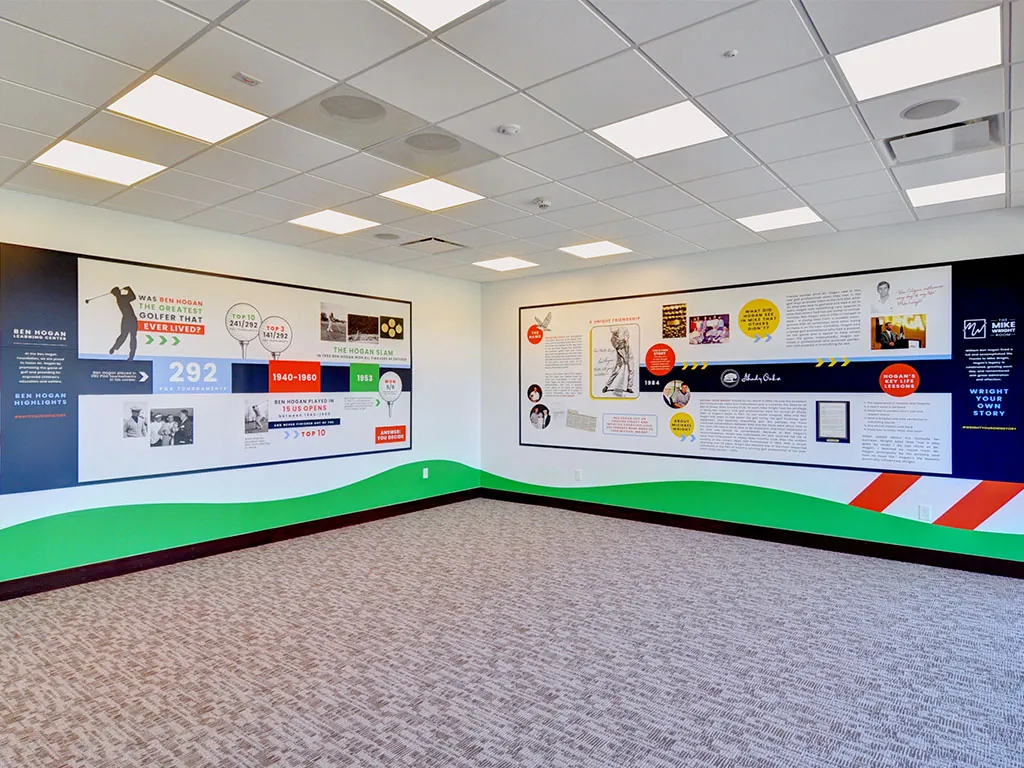Ben Hogan career statistics wall: 'Was Ben Hogan the Greatest Golfer That Ever Lived?' with 292 PGA tournament stats, 1940 to 1960 era highlights, and a green wave at the floor line