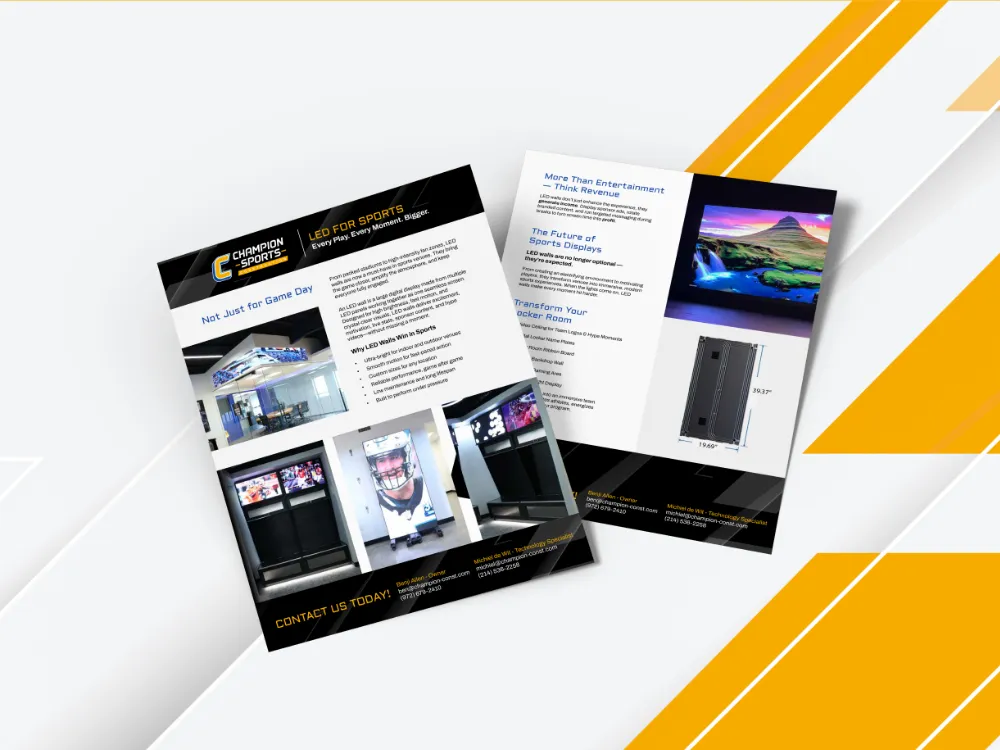 Champion Sports LED for Sports sales flyer spread with product information and locker room photography