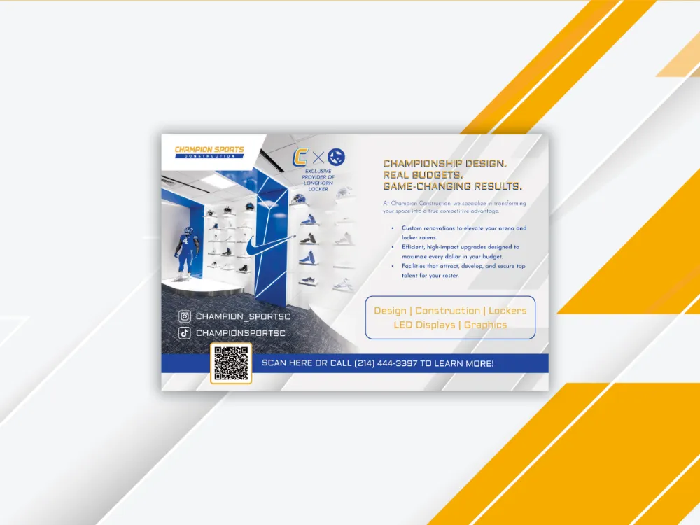 Champion Sports Construction direct mail postcard with diagonal yellow brand pattern, Championship Design tagline, and a Longhorn Locker collaboration callout