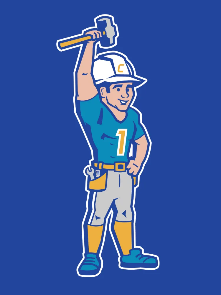 Custom Champion Sports Construction mascot: a cartoon construction worker in a blue jersey with hard hat raising a sledgehammer, wearing the C logo on his hat