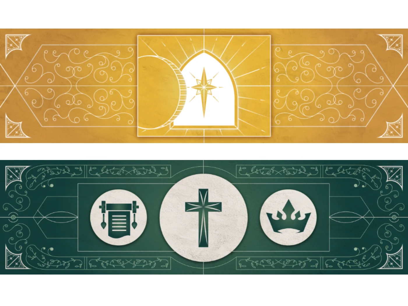 Two custom seasonal church banner designs in gold and forest green featuring ornate Christian motifs, including a star, archway, cross, scroll, and crown