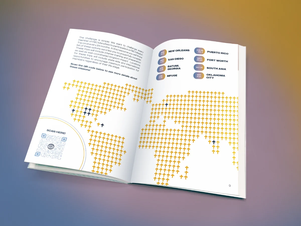 40 Days of Prayer book opened to a world map spread showing the global mission field marked with cross symbols