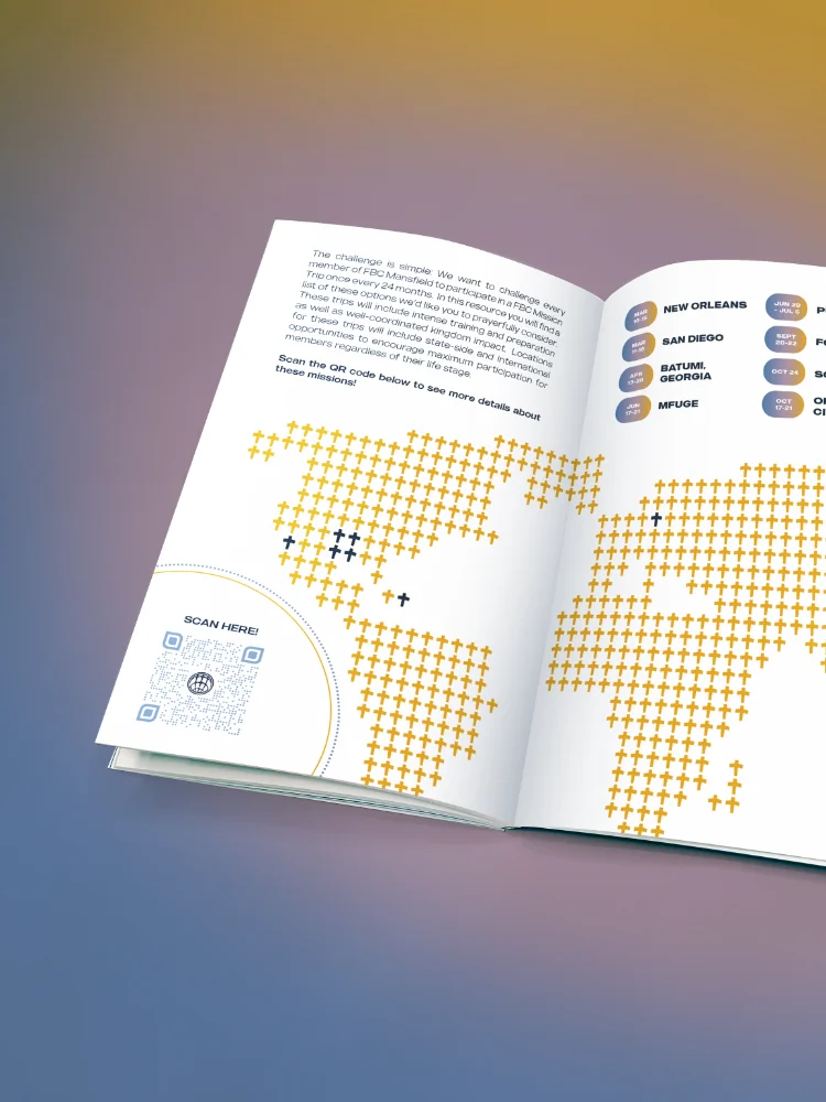 40 Days of Prayer interior spread showing a world map made of small gold cross symbols, with mission city callouts and a QR code