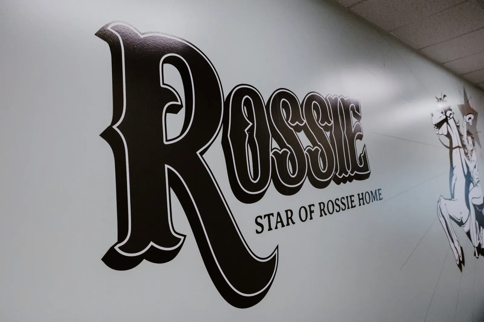 Large-scale black vinyl wall graphic reading 'Rossie' in ornate Western-style serif lettering with 'Star of Rossie Home' subtitle, installed on a white office wall at Creative Manufacturing