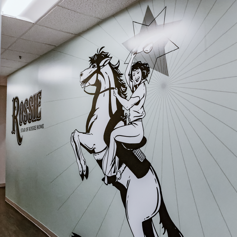 Detail of the Rossie Home cowboy and rearing horse mural illustration on a textured wall