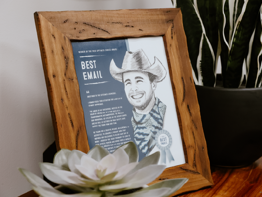 Framed 'Best Email' award featuring a cowboy portrait illustration, displayed on a credenza next to a plant