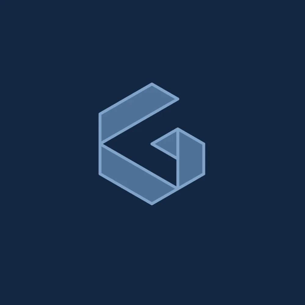 Graham Associates G monogram in light blue on a deep navy background, the rebranded mark built from layered geometric planes