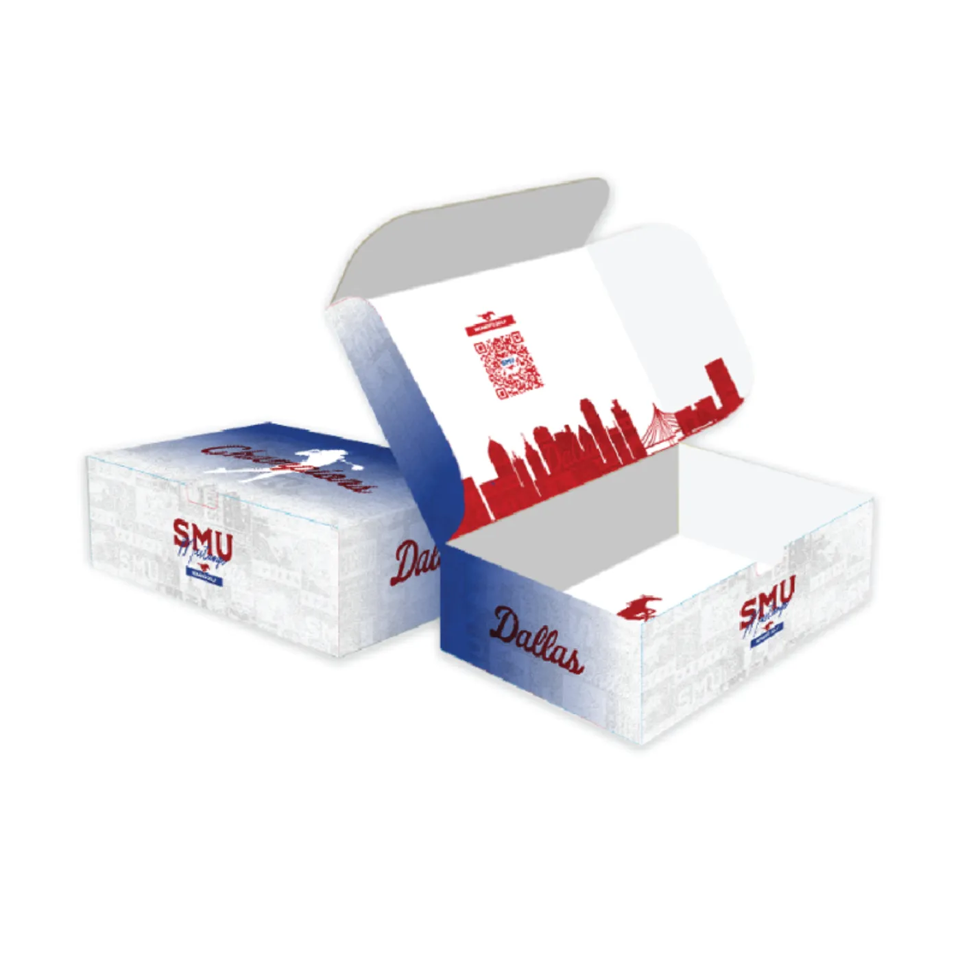 Custom SMU 'Hosting Dallas' promotional box with white exterior, red Dallas skyline interior, and QR code