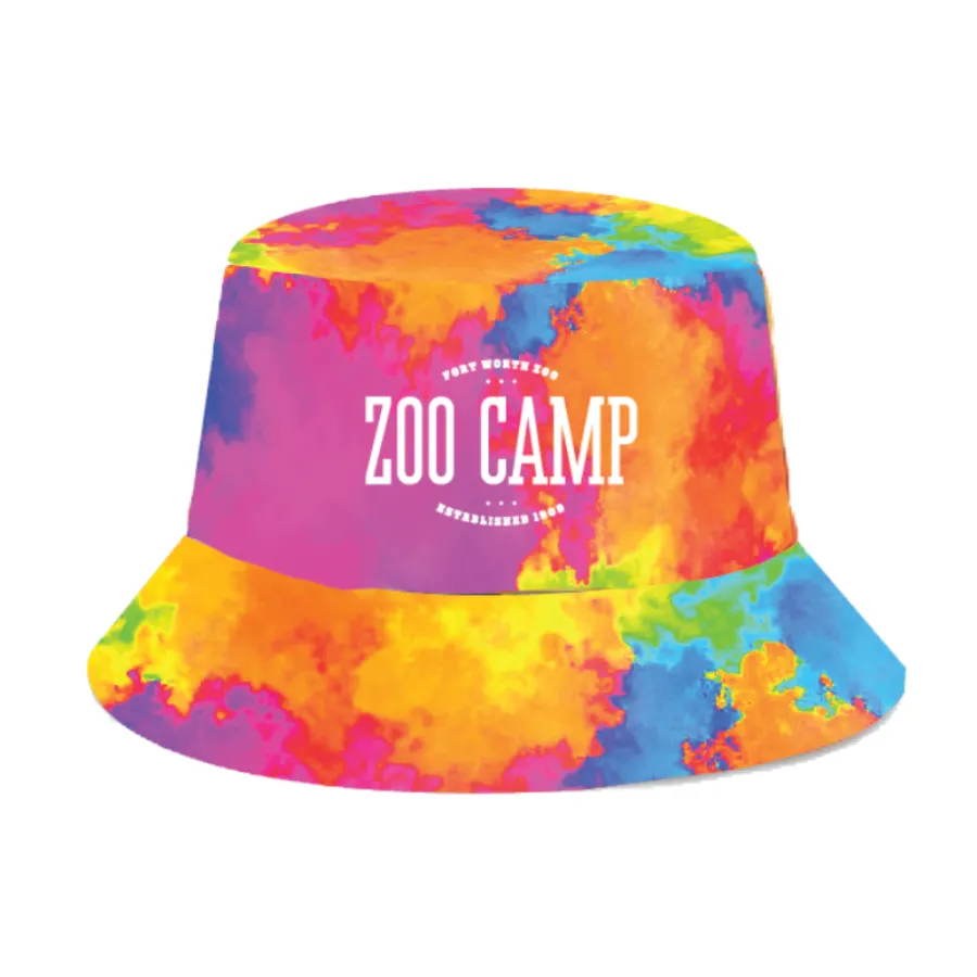 Fort Worth Zoo Camp tie-dye bucket hat in rainbow colorway with white Zoo Camp logo and 'Established 1909'