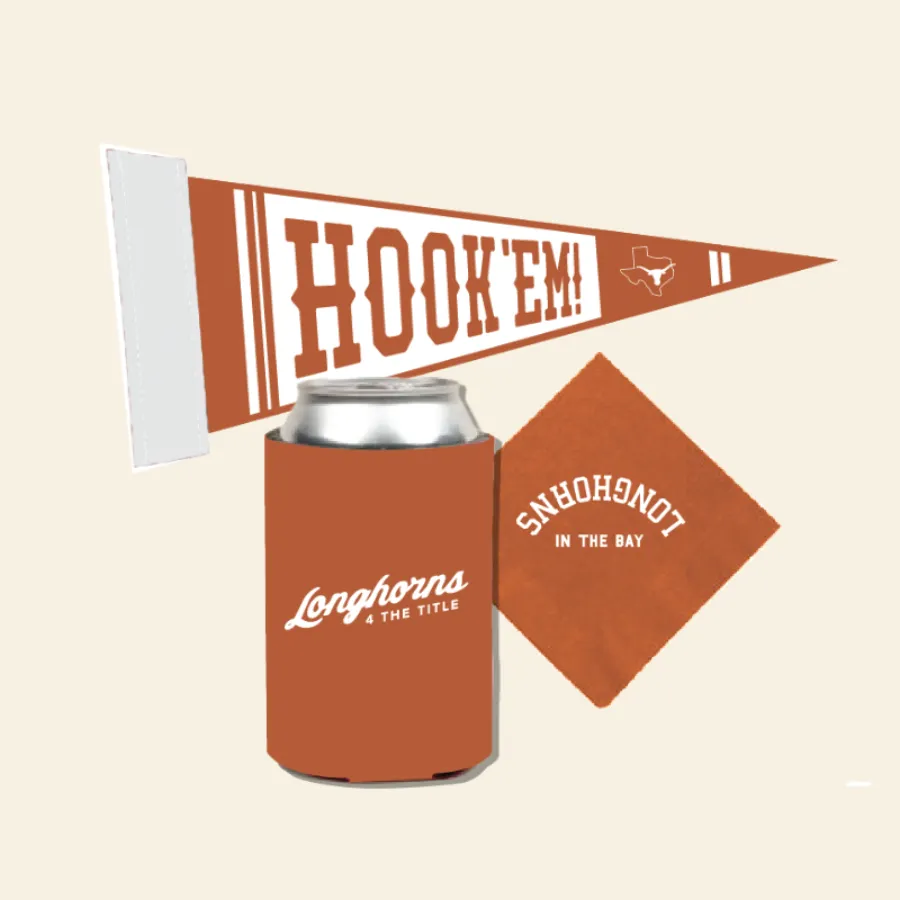 University of Texas Longhorns Hook 'em promotional set: orange pennant, 'Longhorns 4 The Title' koozie, and 'Longhorns in the Bay' napkin