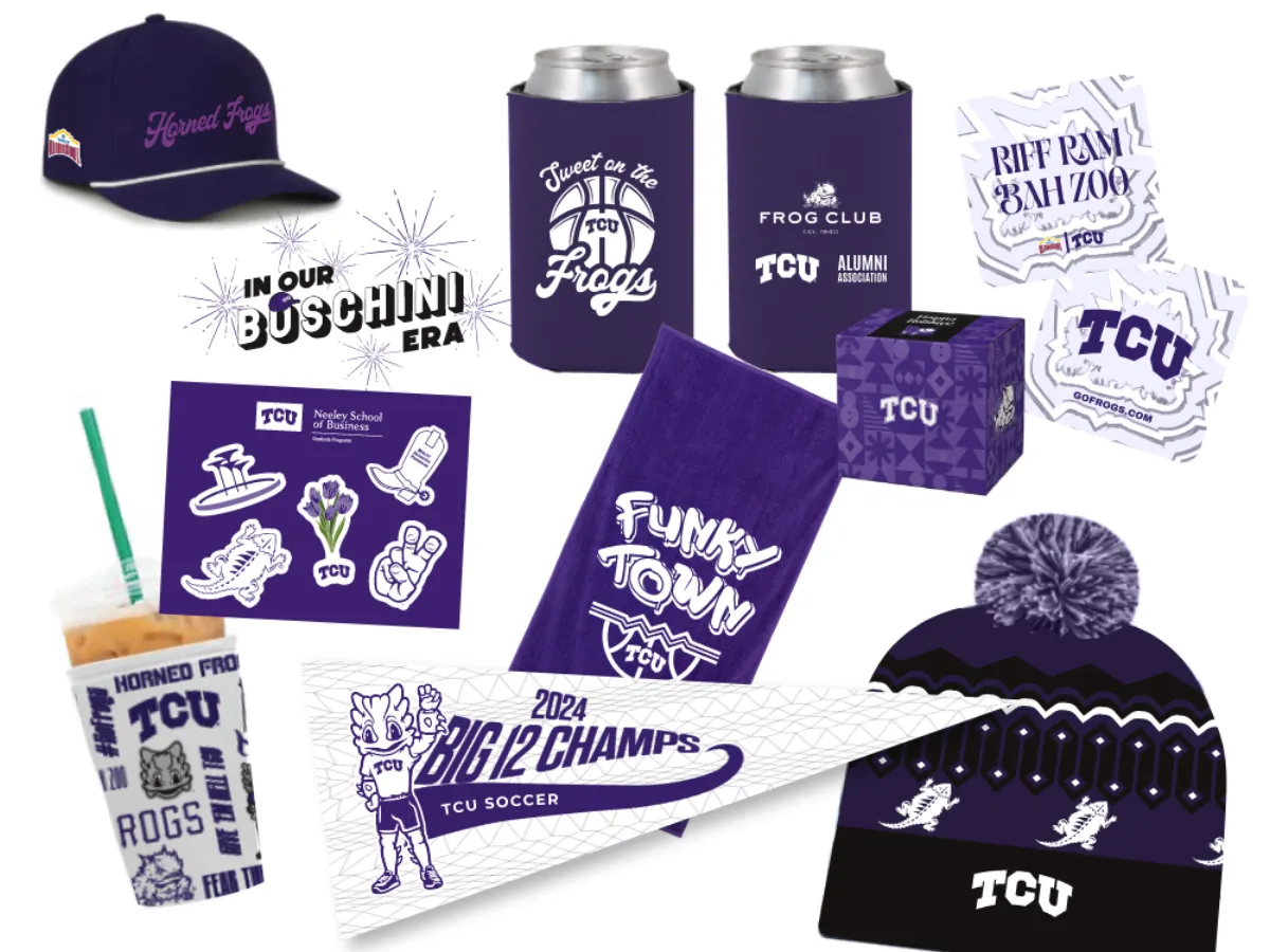 TCU branded promotional collection: Horned Frogs cap, Frog Club koozies, Funky Town towel, pom beanie, Big 12 Champs pennant, and Horned Frogs cup