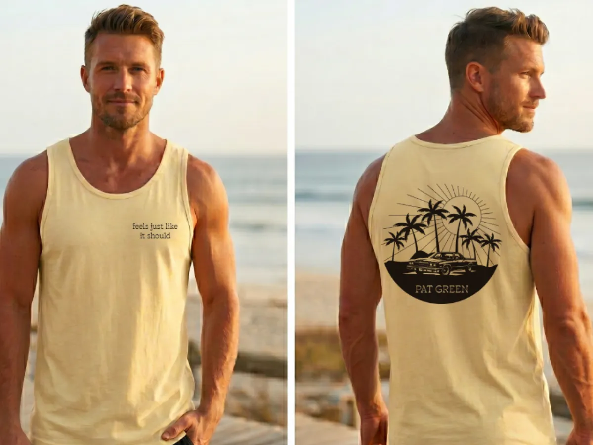 Pat Green branded tank tops on a beach model: front with 'feels just like it should' text, back with palm trees and classic car illustration