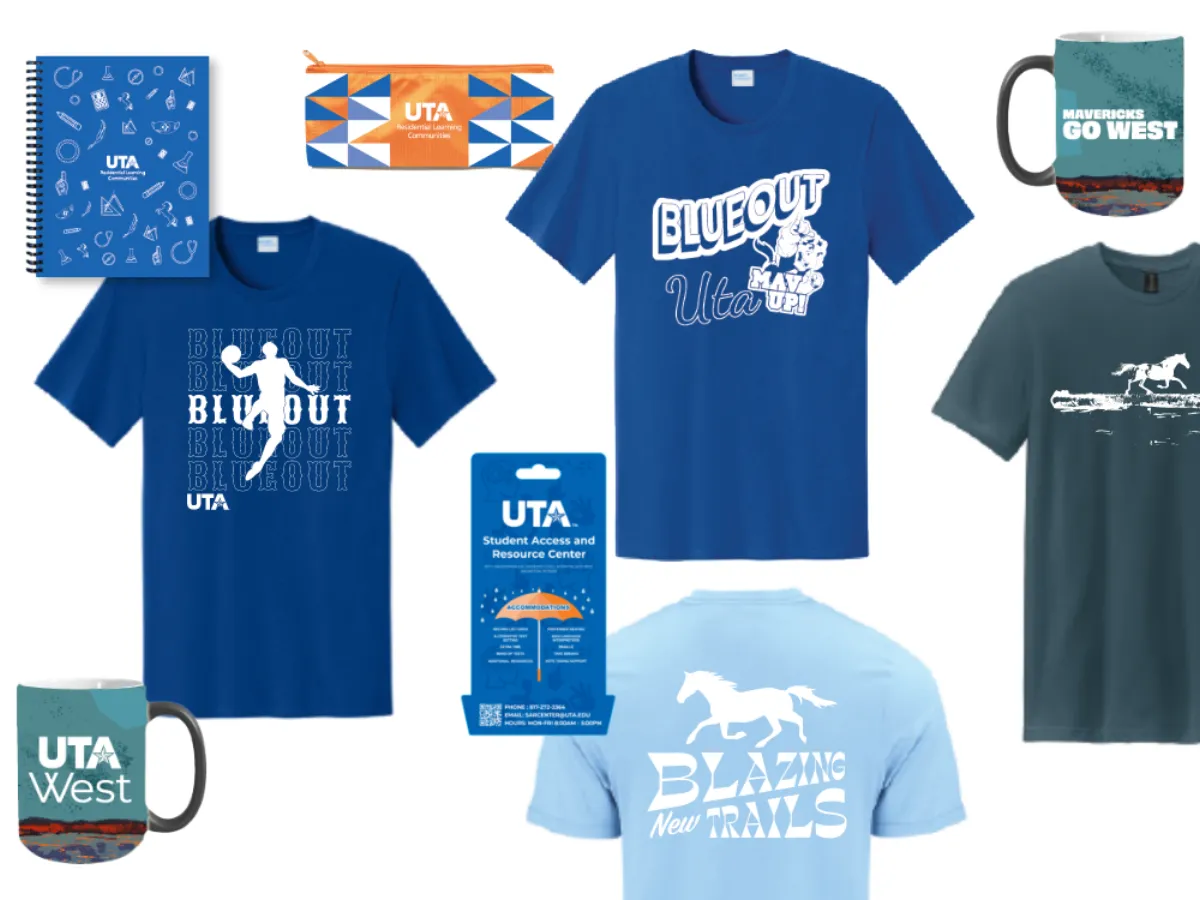 UTA and UTA West promotional merchandise lineup: Blueout shirts, branded mugs, notebook, pencil pouch, 'Blazing New Trails' shirt, and horse design tee