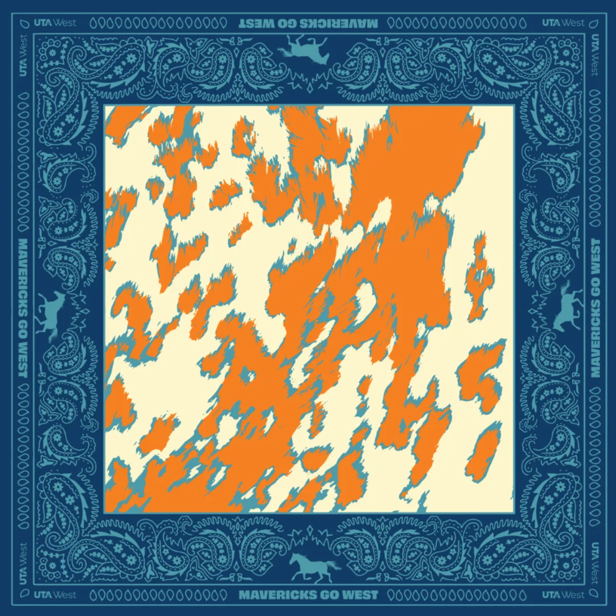 UTA West 'Mavericks Go West' bandana with blue paisley border and orange and blue cowhide center pattern