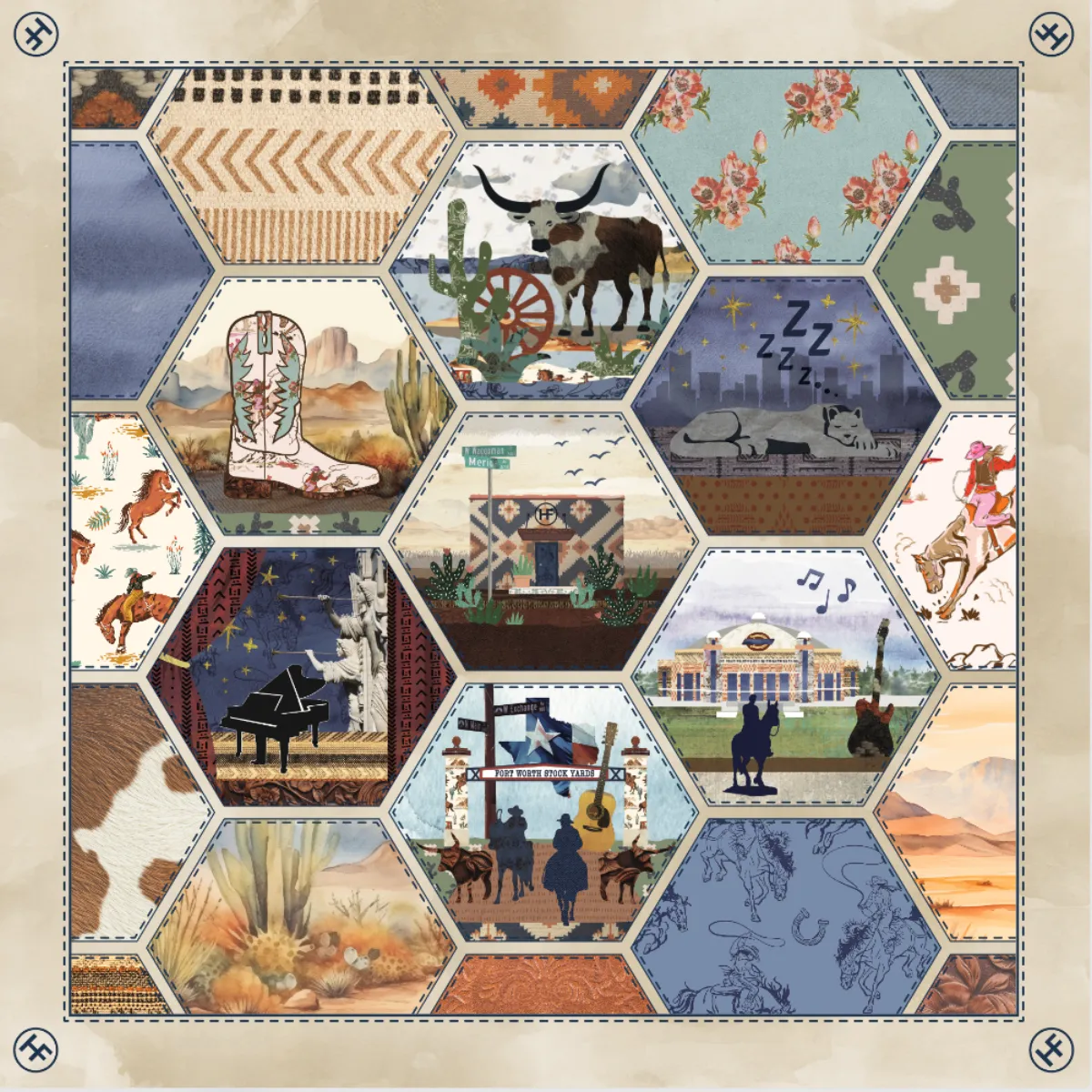 HF Custom Solutions hexagon brand pattern showcasing Texas landmarks, animals, and design moments stitched together with HF marks in corners