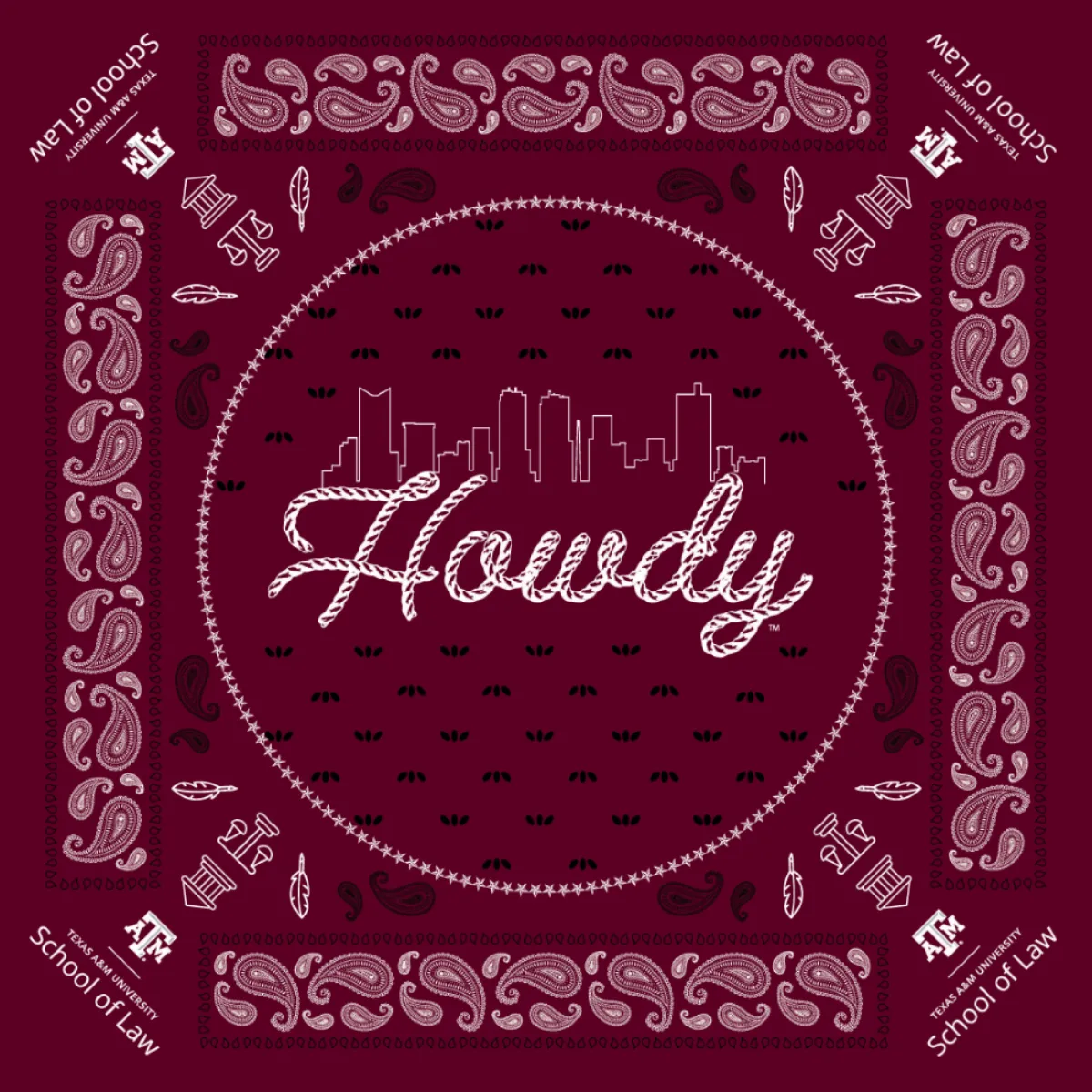 Texas A&M School of Law 'Howdy' bandana in maroon paisley with a Fort Worth skyline rope script Howdy in the center