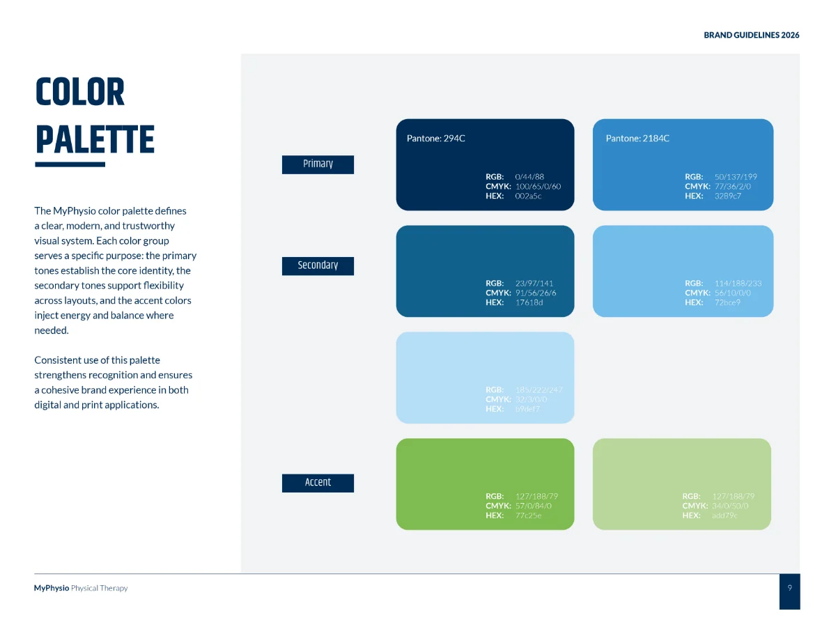 MyPhysio brand guidelines color palette page showing primary, secondary, and accent color swatches with Pantone, RGB, CMYK, and hex values