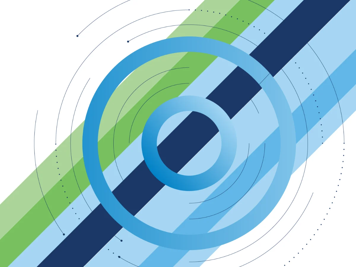 MyPhysio brand graphic element with layered radial circles, dotted motion lines, and diagonal blue and green stripes