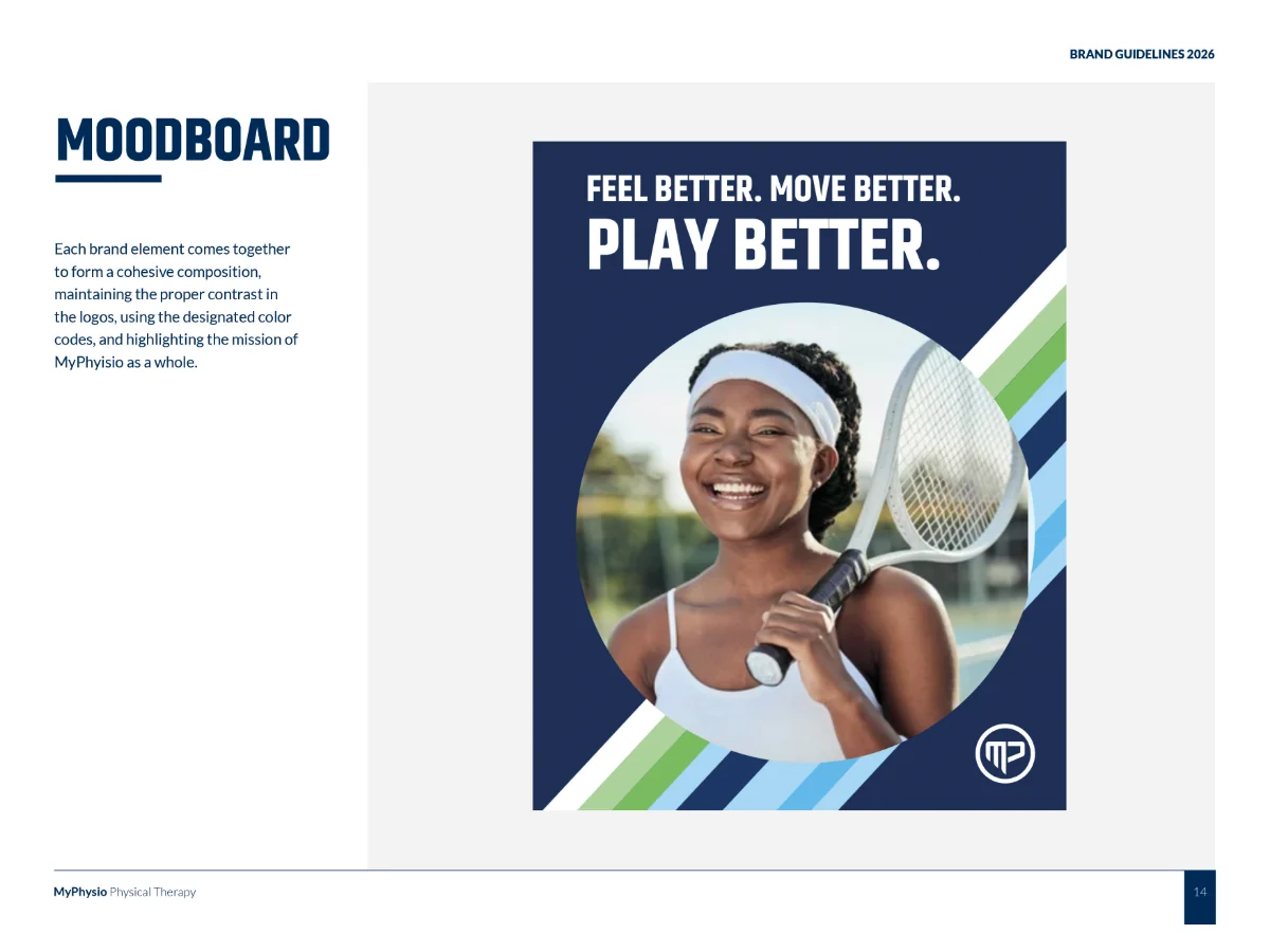 MyPhysio brand moodboard page pairing the tagline 'Feel Better. Move Better. Play Better.' with a portrait of a tennis player and brand stripe accents