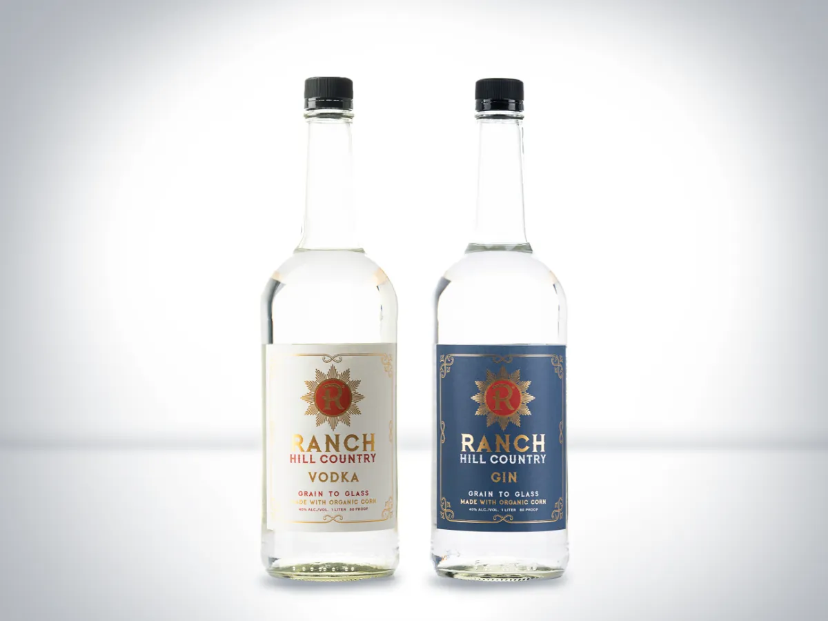 Ranch Hill Country Vodka and Gin bottles side by side, both grain to glass and made with organic corn