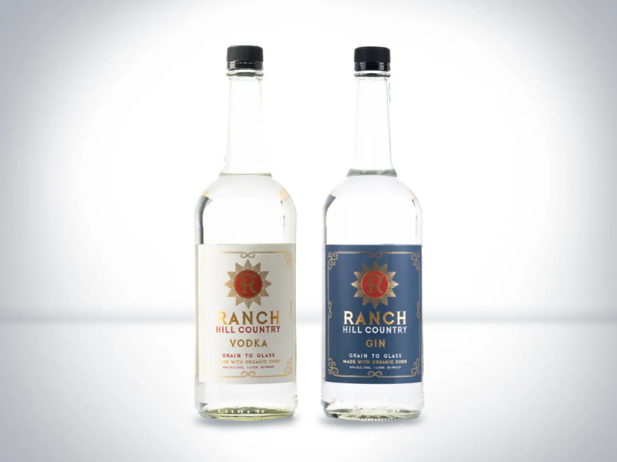 Ranch Hill Country Vodka and Gin bottles in an alternate product shot of the grain-to-glass organic corn spirits