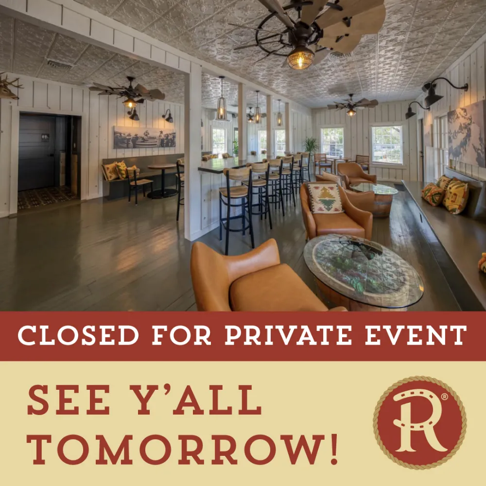 Closed for Private Event social graphic with a photo of the Wimberley tasting room interior above a rust banner reading 'See y'all tomorrow!'