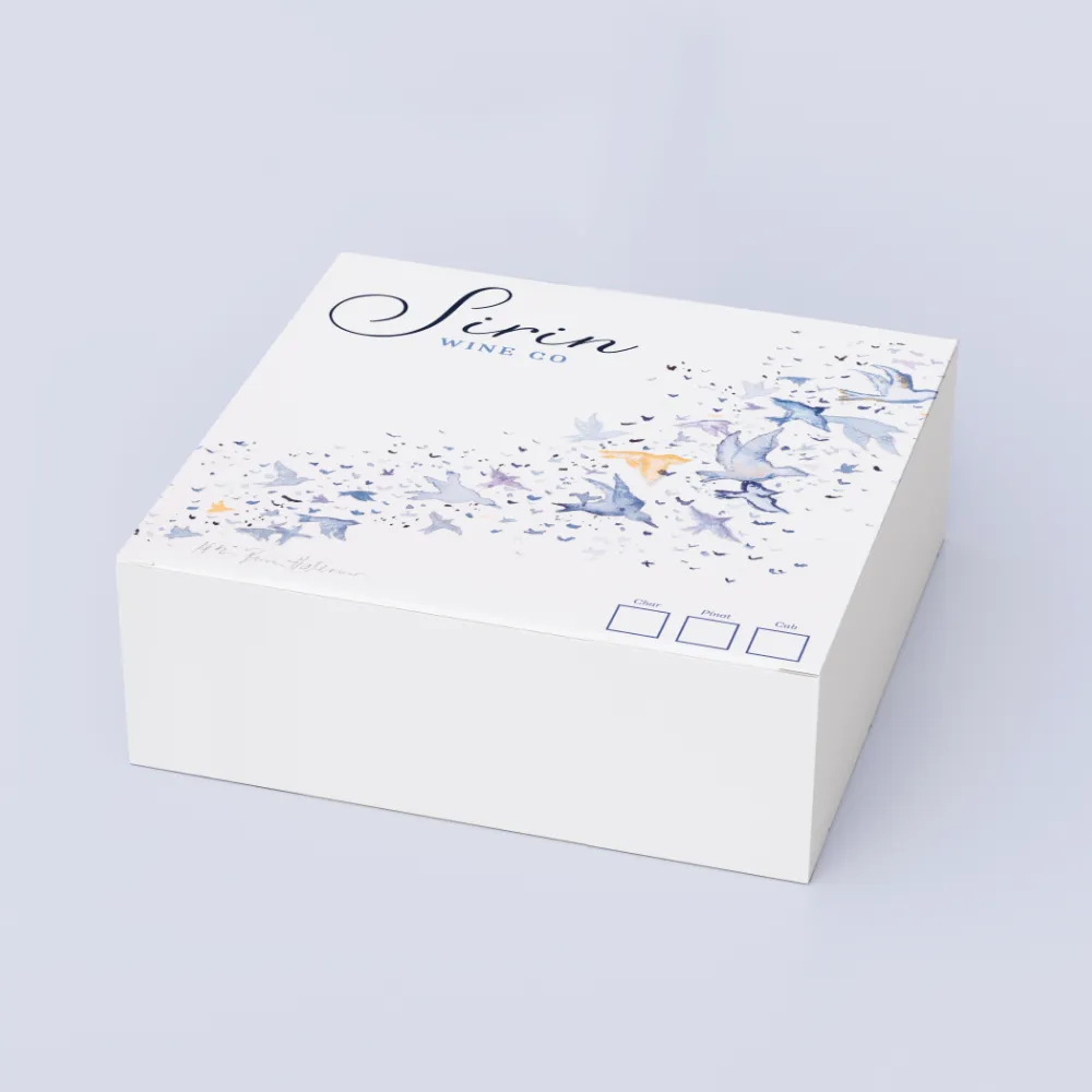 Sirin Wine Co watercolor presentation box with hand-painted birds in flight and tasting checkboxes for Char, Pinot, and Cab
