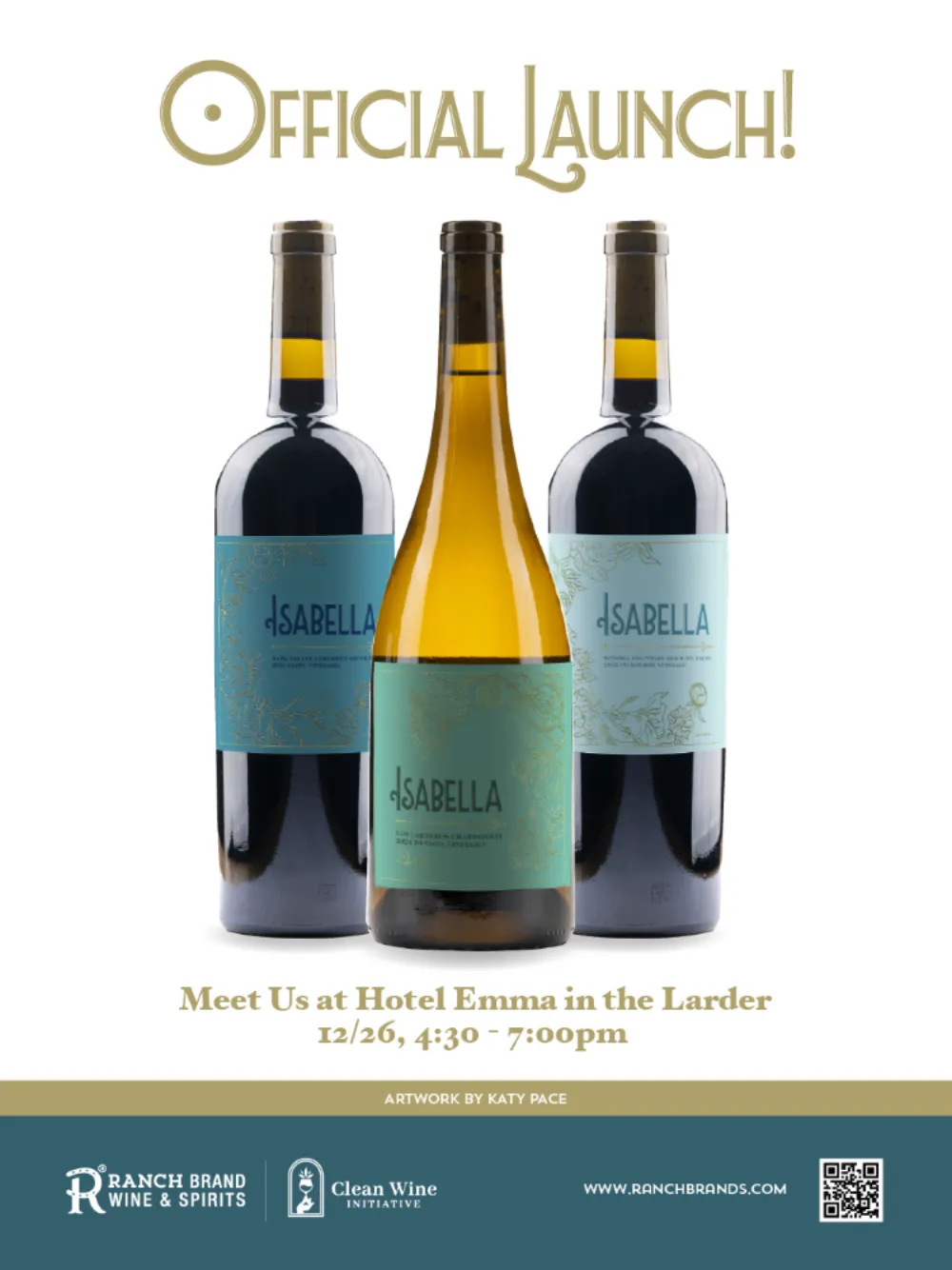 Isabella Official Launch invite with three teal-label Isabella wine bottles announcing the Hotel Emma launch event