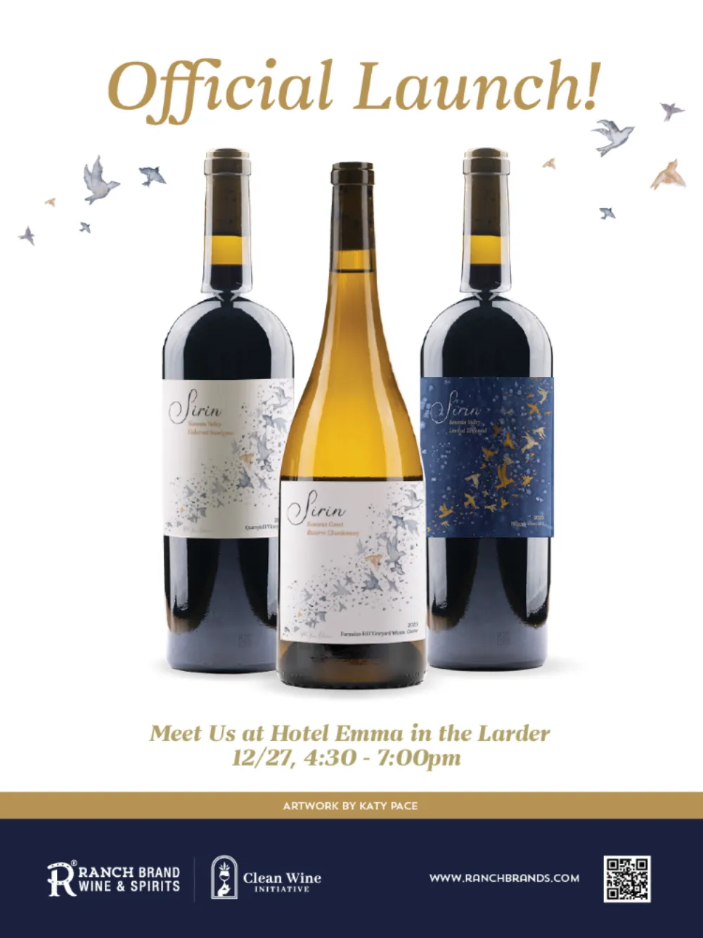 Sirin Official Launch invite with three Sirin wine bottles in watercolor labels announcing the Hotel Emma launch event