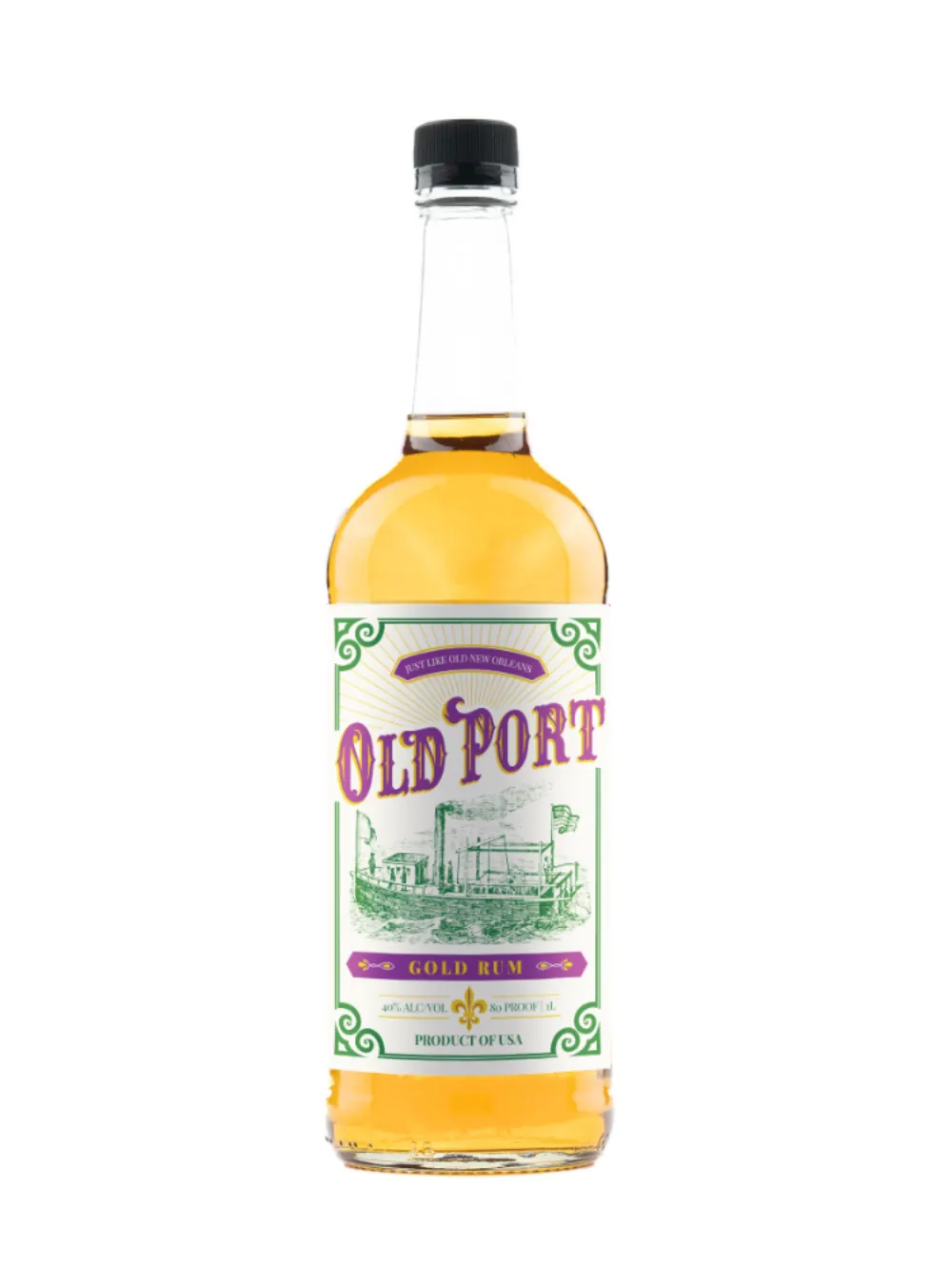 Old Port Gold Rum bottle with a cream label, green ornate frame, purple Old Port wordmark, and a steamboat illustration