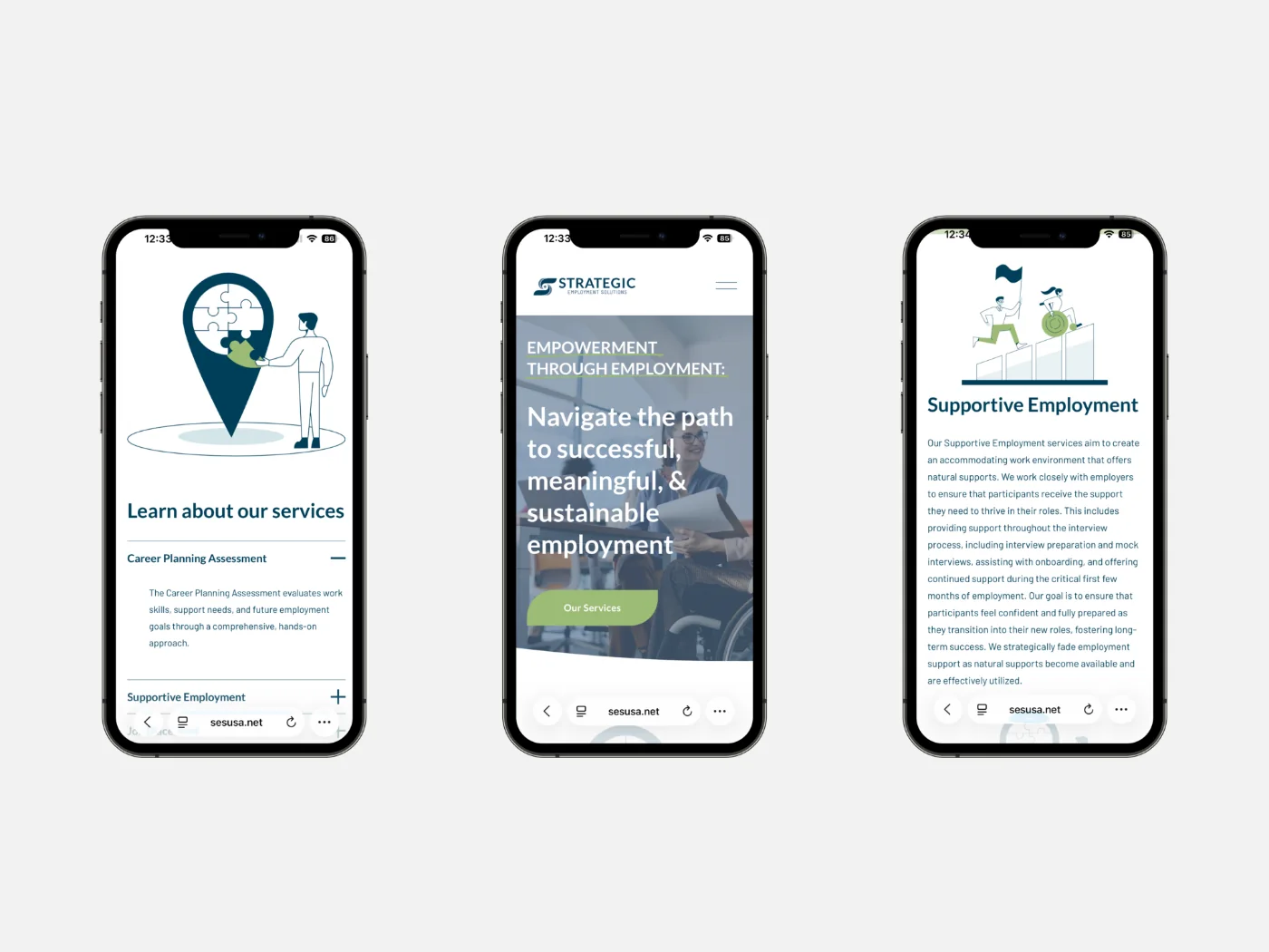 Three iPhone mockups of the Strategic Employment Solutions mobile site: the services accordion, the homepage hero with 'Empowerment Through Employment' tagline, and the Supportive Employment service detail