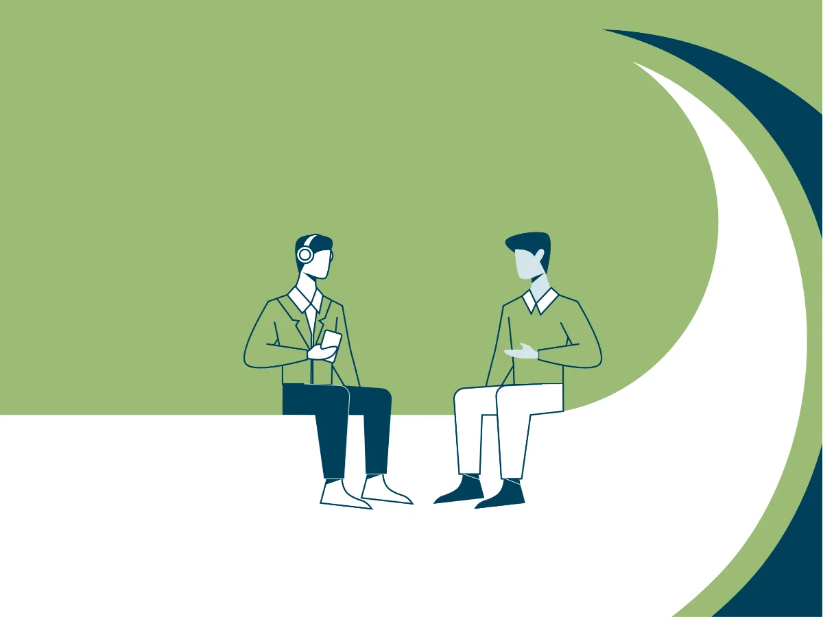 Custom illustration of two men sitting and talking on a sage-green background, part of the Strategic Employment Solutions brand illustration library