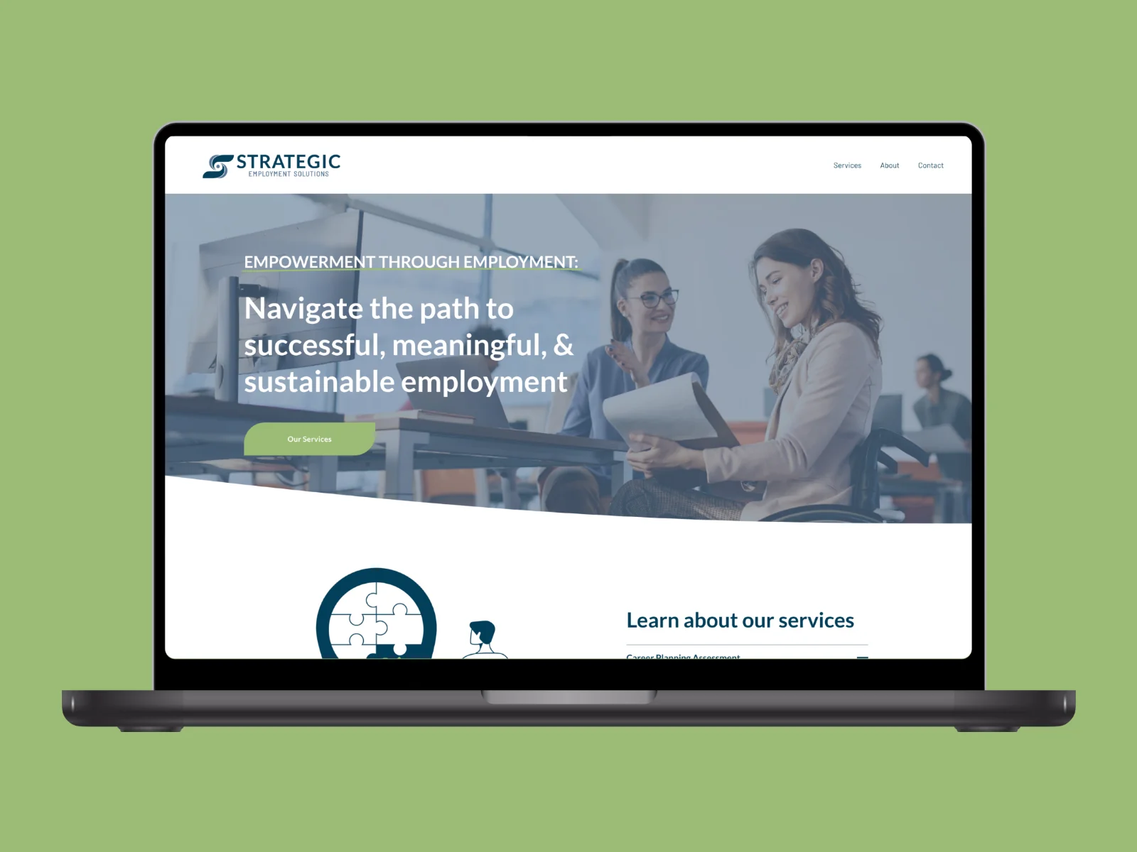 Strategic Employment Solutions homepage on a laptop mockup featuring the tagline 'Empowerment Through Employment: Navigate the path to successful, meaningful, and sustainable employment'
