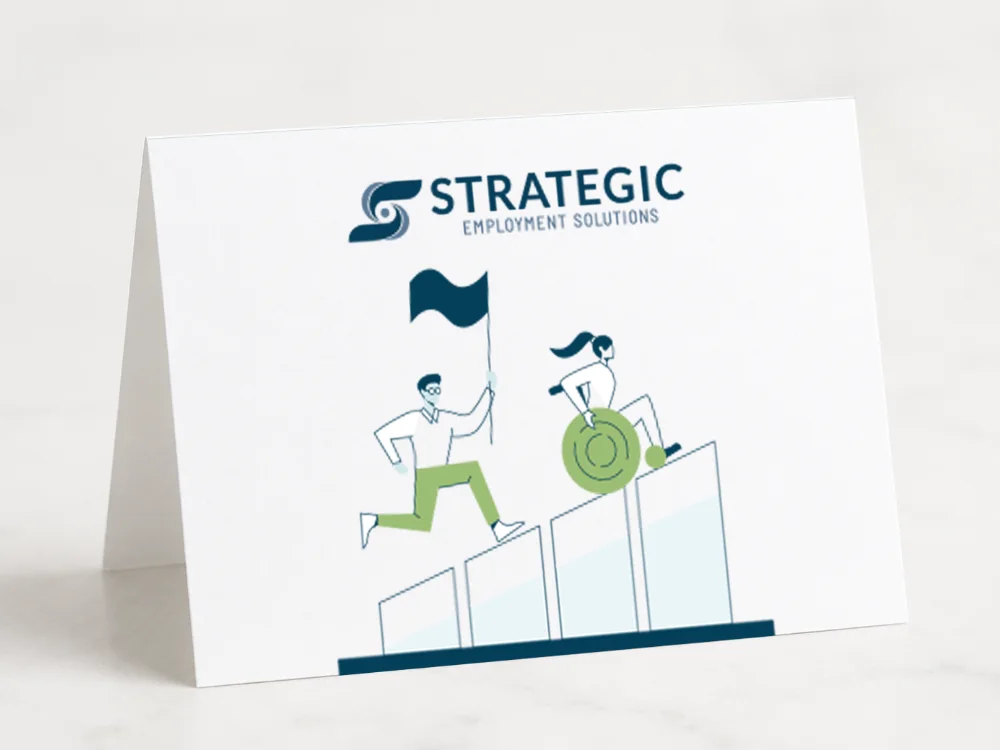Front of the Strategic Employment Solutions custom greeting card with the SES logo and a custom illustration of a man with a flag and a woman with a target climbing stair-step blocks