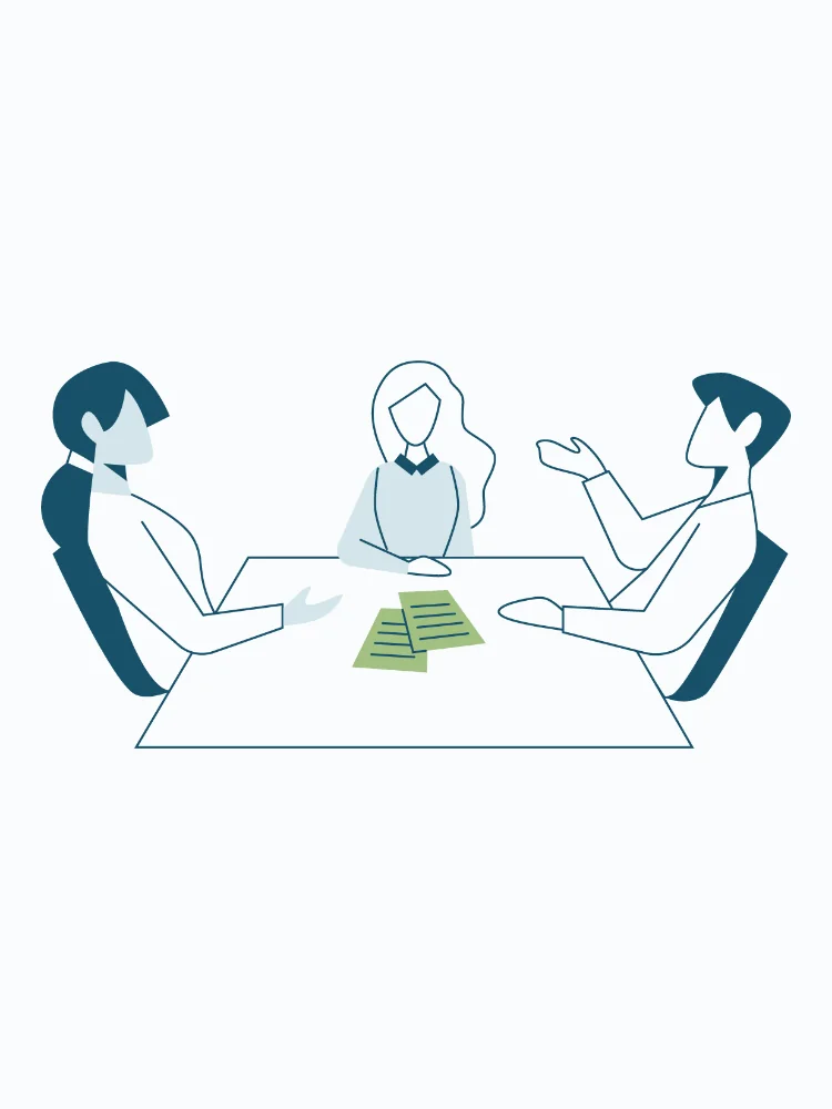 Custom Strategic Employment Solutions illustration of three people at a table reviewing documents during a career planning session