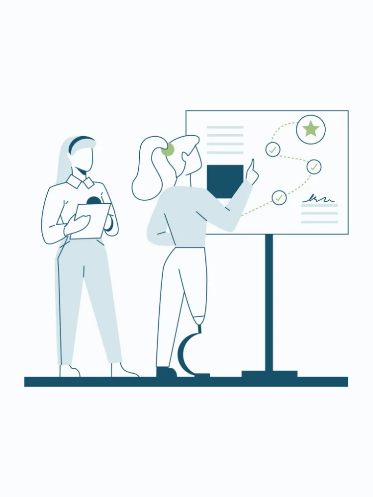 Custom Strategic Employment Solutions illustration of a woman with a prosthetic leg pointing at a whiteboard during a planning session with a colleague