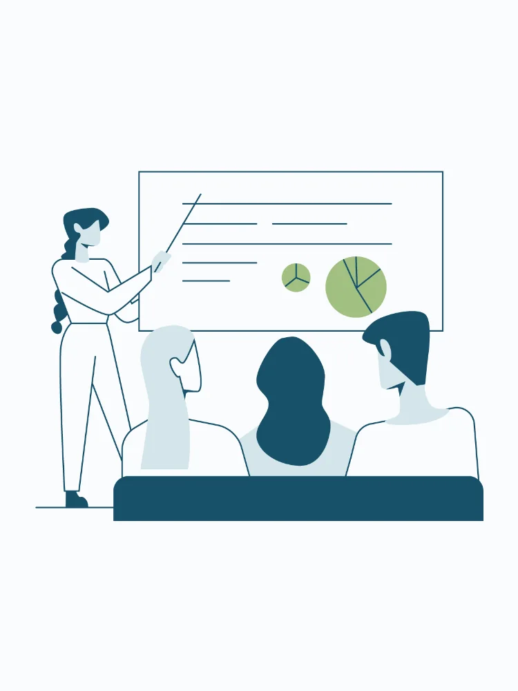 Custom Strategic Employment Solutions illustration of a woman teaching a class with pie chart visuals and three attentive students