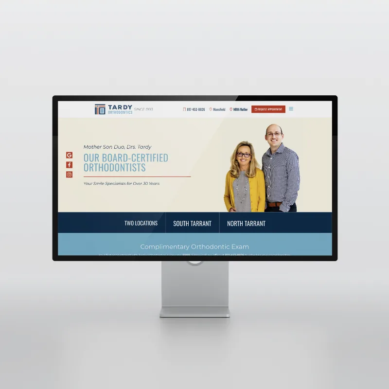 Tardy Orthodontics website homepage on a desktop monitor featuring Drs. Shelley and Calvin Tardy and the 'Your Smile Specialists for Over 30 Years' tagline