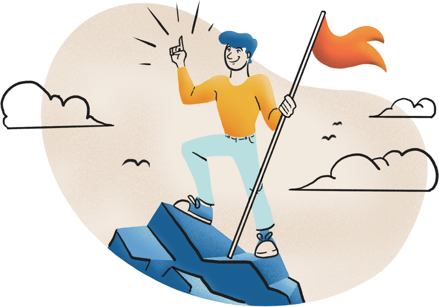 Person standing on a mountain summit holding a flag, illustrating the excellence and achievement Uptimize Design brings to every project